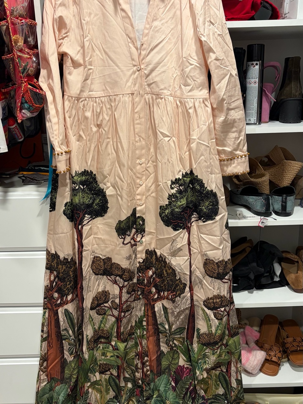 Long Button-Front Maxi Dress with Tree Border Print in Blush
